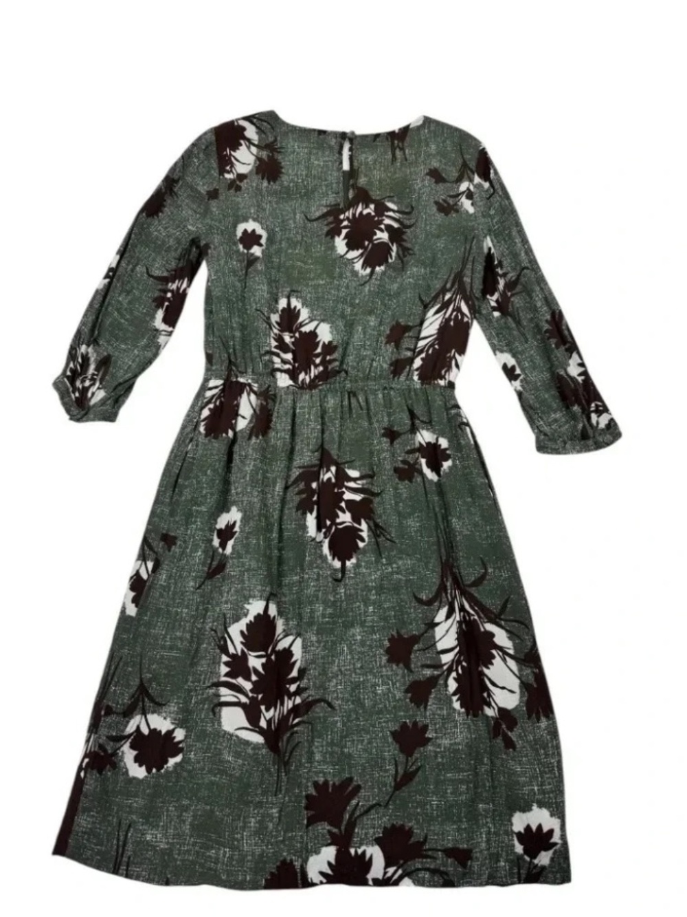 Boden Jodie Floral Midi Dress Green Brown 3/4 Sleeve Pockets Size 4L